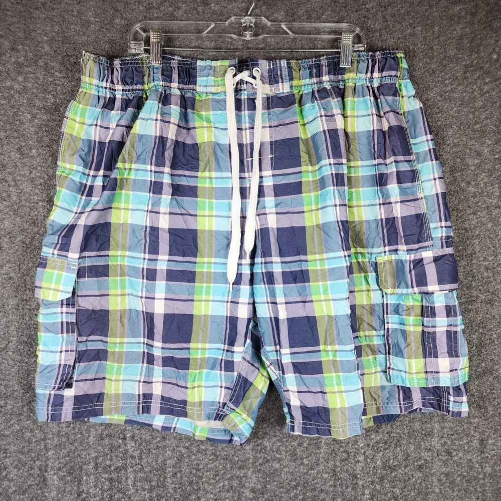 Kanu Surf Swim Trunks Men XXL Blue Green Plaid Cargo Pocket Board Shorts